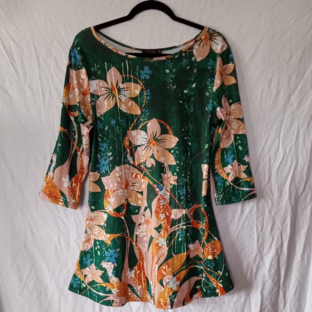 Azalea by Firmiana tunic top / mini dress, green floral, L